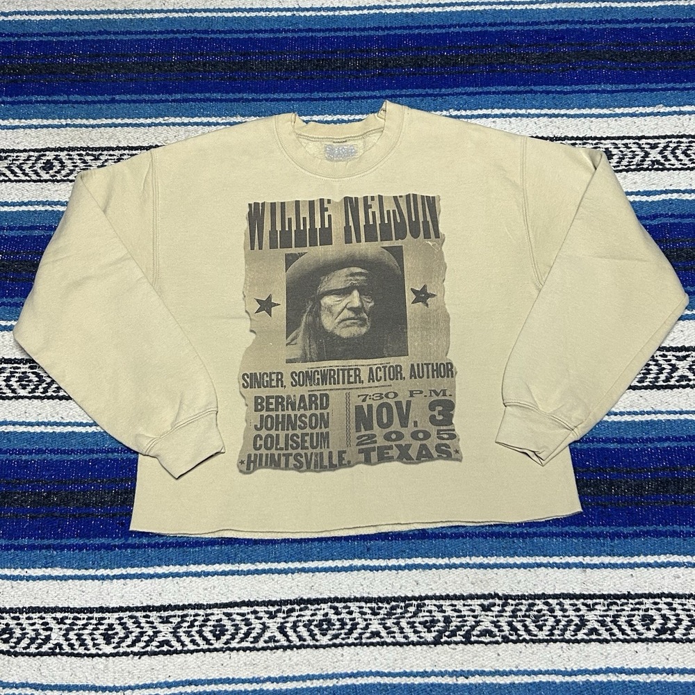 Willie Nelson 2005 Concert Graphic Cropped Sweatshirt Women's Medium Texas Cream